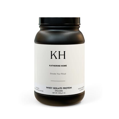 Front view of the black protein tub with minimalist KH branding and product label.