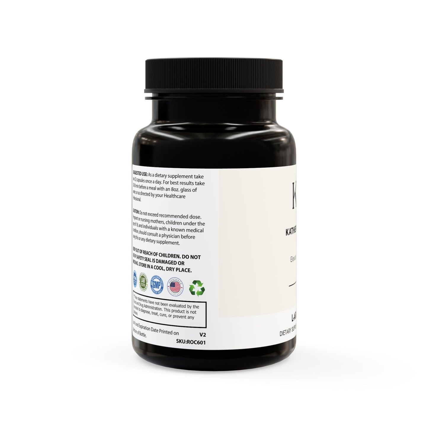 Side label showing non-GMO, corn-free, lactose-free, and third-party tested icons.