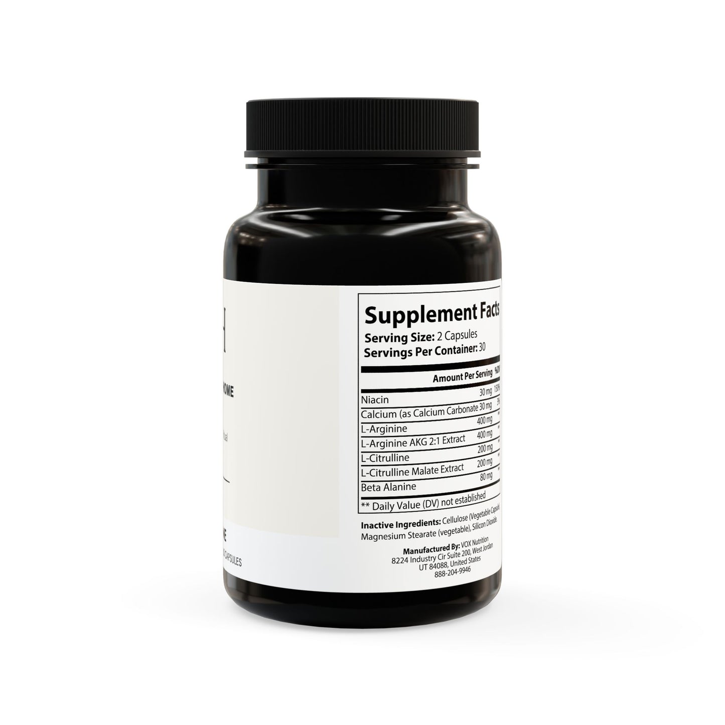 Side panel with complete nutrition facts and serving size.