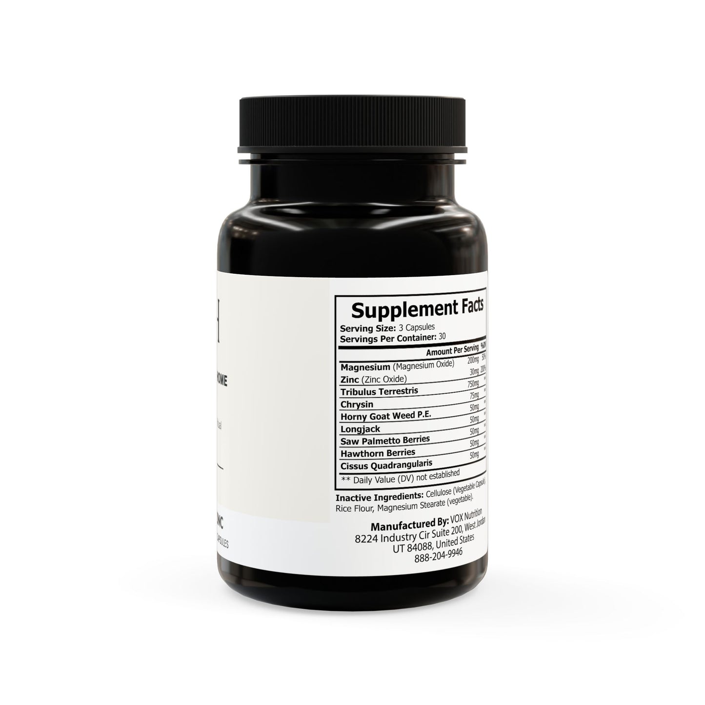 Detailed supplement facts with magnesium, zinc, and botanical blend breakdown.