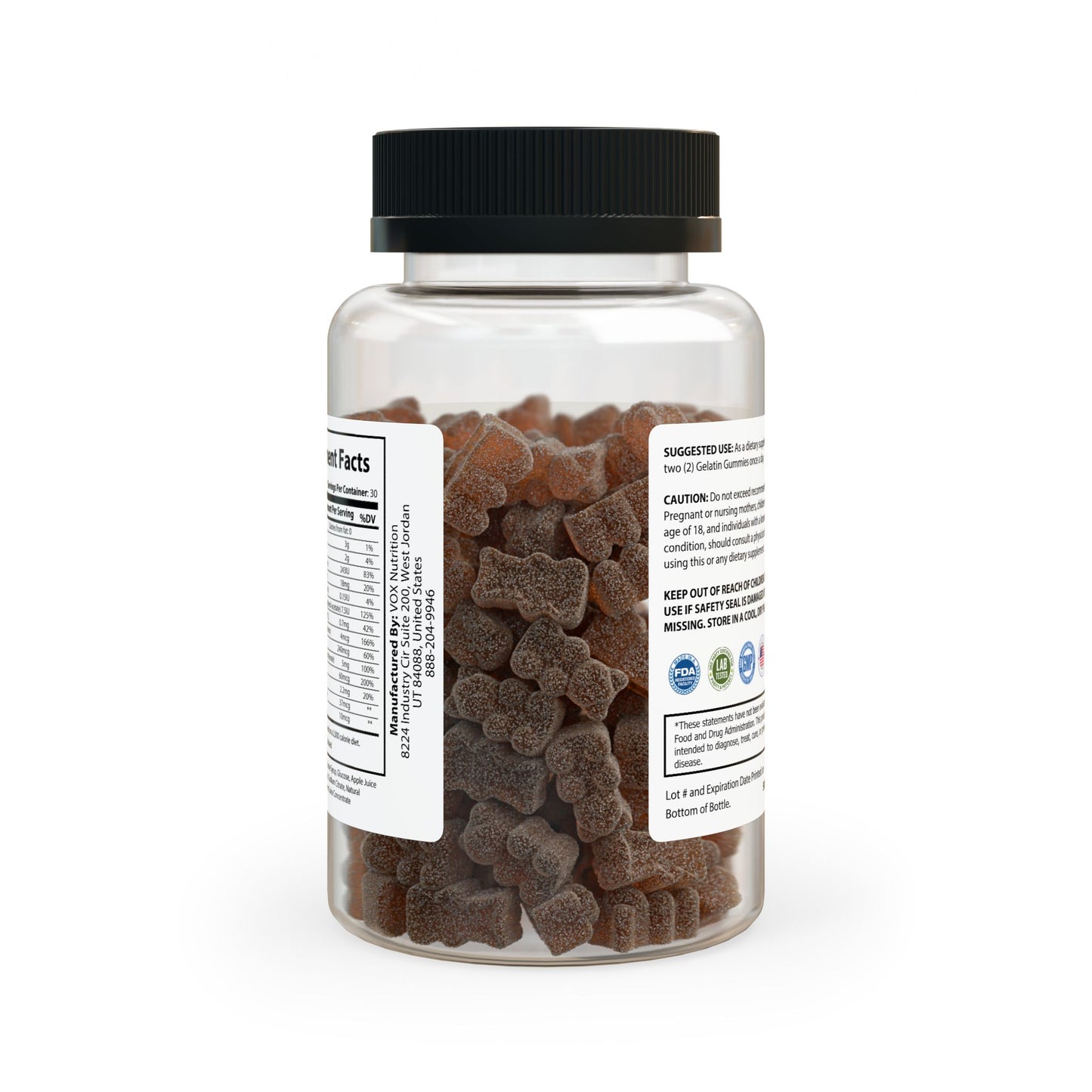 Rear-facing image of the bottle with wraparound label and visible strawberry-flavored gummies inside.