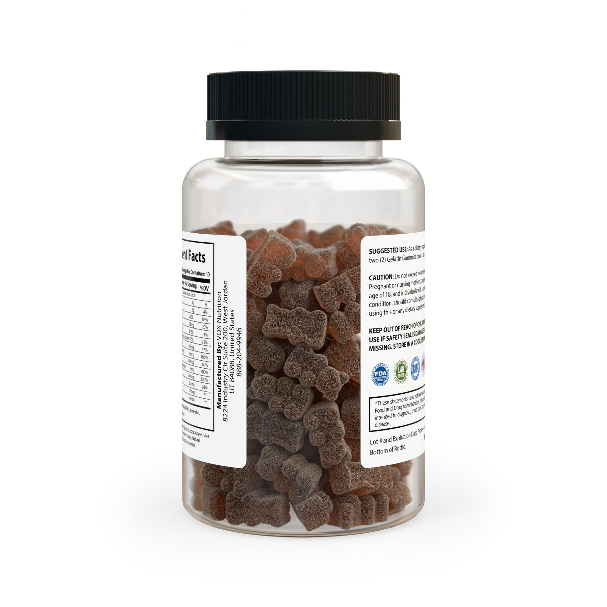 Rear-facing image of the bottle with wraparound label and visible strawberry-flavored gummies inside.