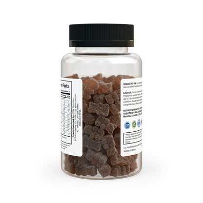 Rear-facing image of the bottle with wraparound label and visible strawberry-flavored gummies inside.
