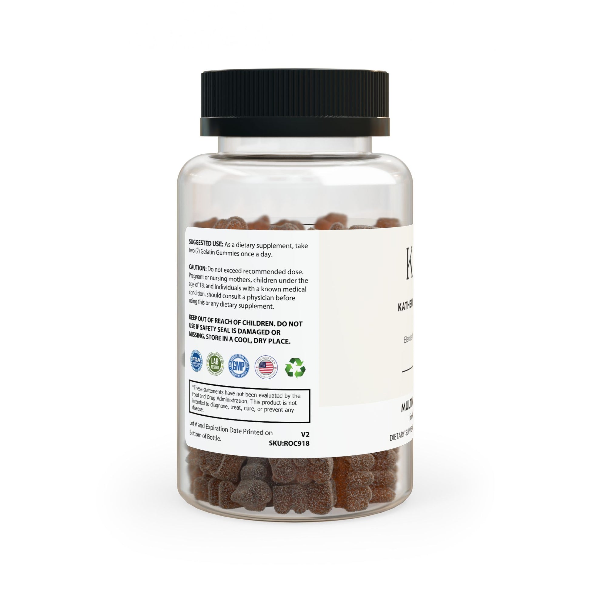 Left side of the bottle displaying icons for non-GMO, corn-free, and third-party tested manufacturing.