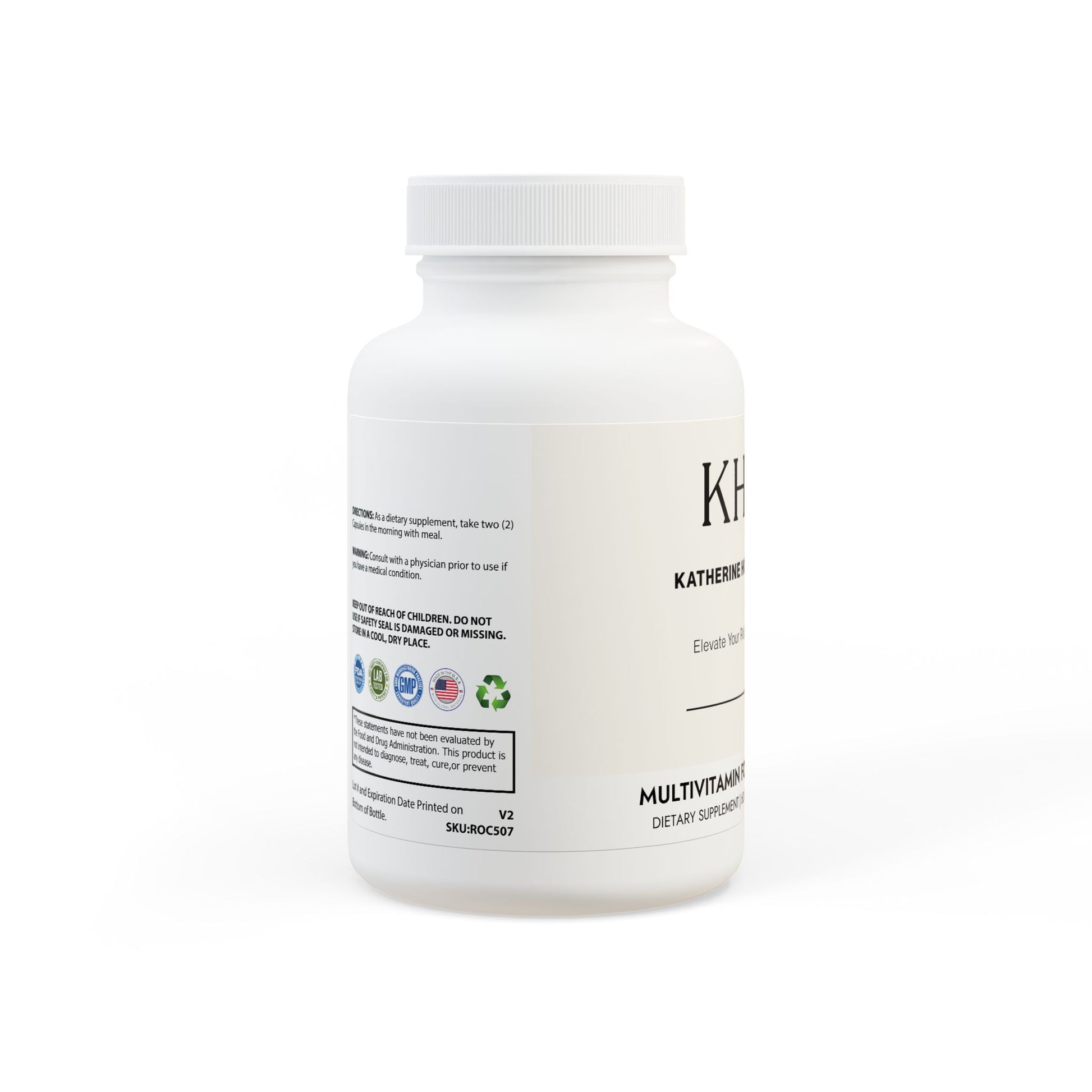 Side view showing non-GMO, corn-free, lactose-free, and third-party tested icons.
