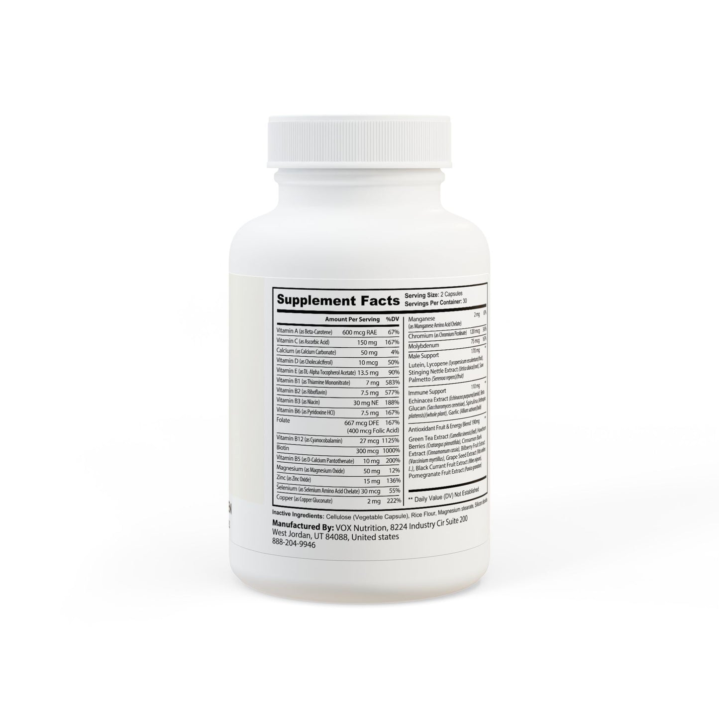 Panel showing complete ingredient list and dosages.