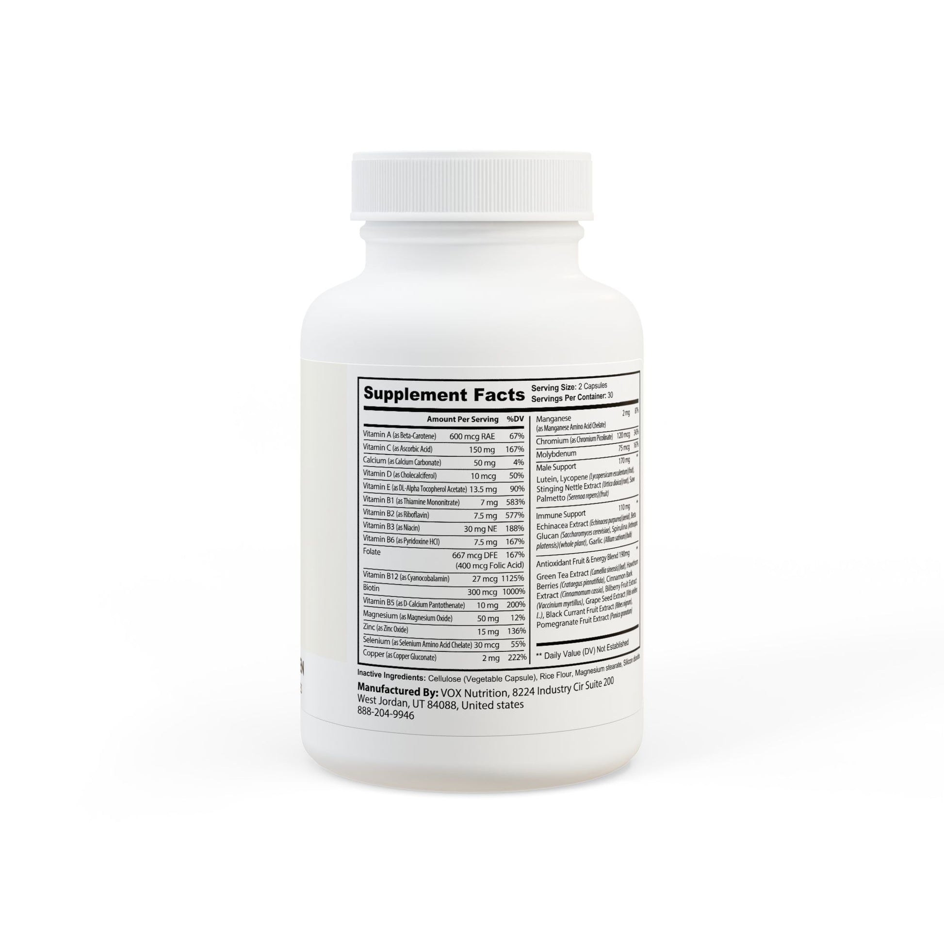 Panel showing complete ingredient list and dosages.