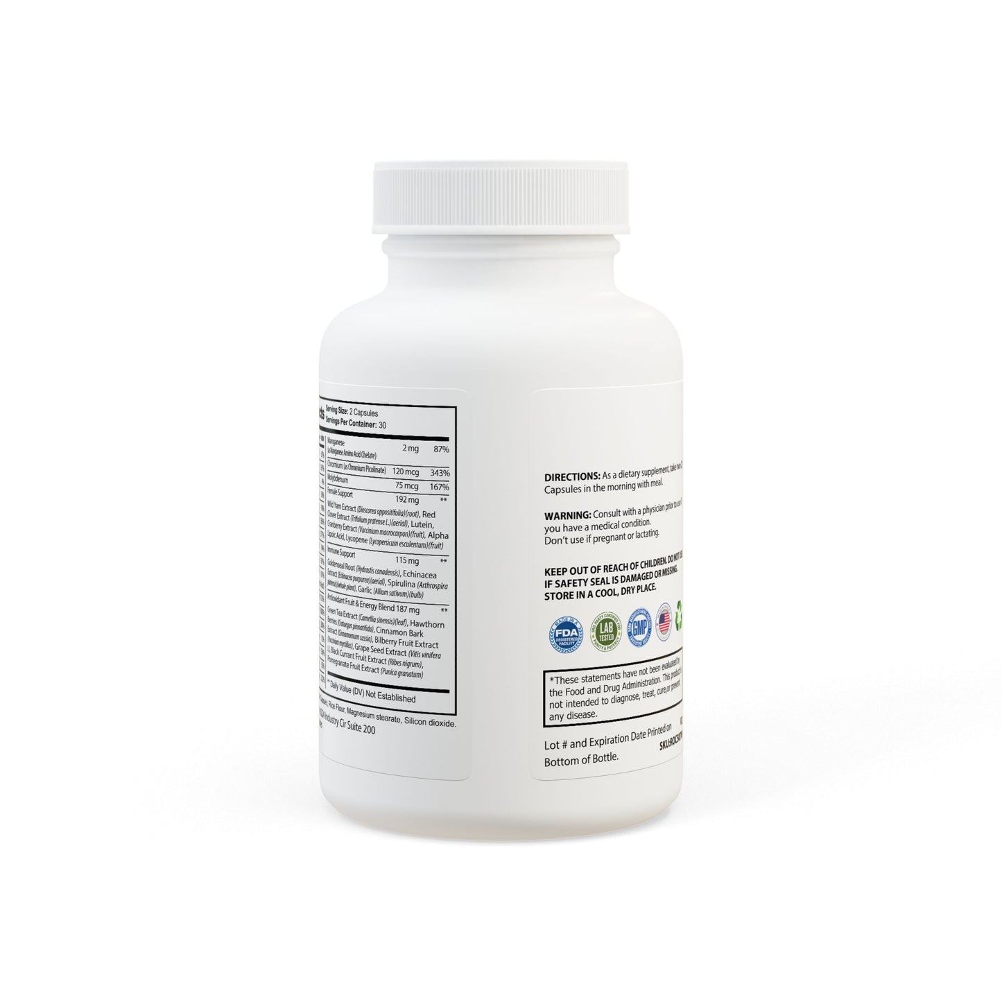 Rear-facing image of the bottle with wraparound label and regulatory details.