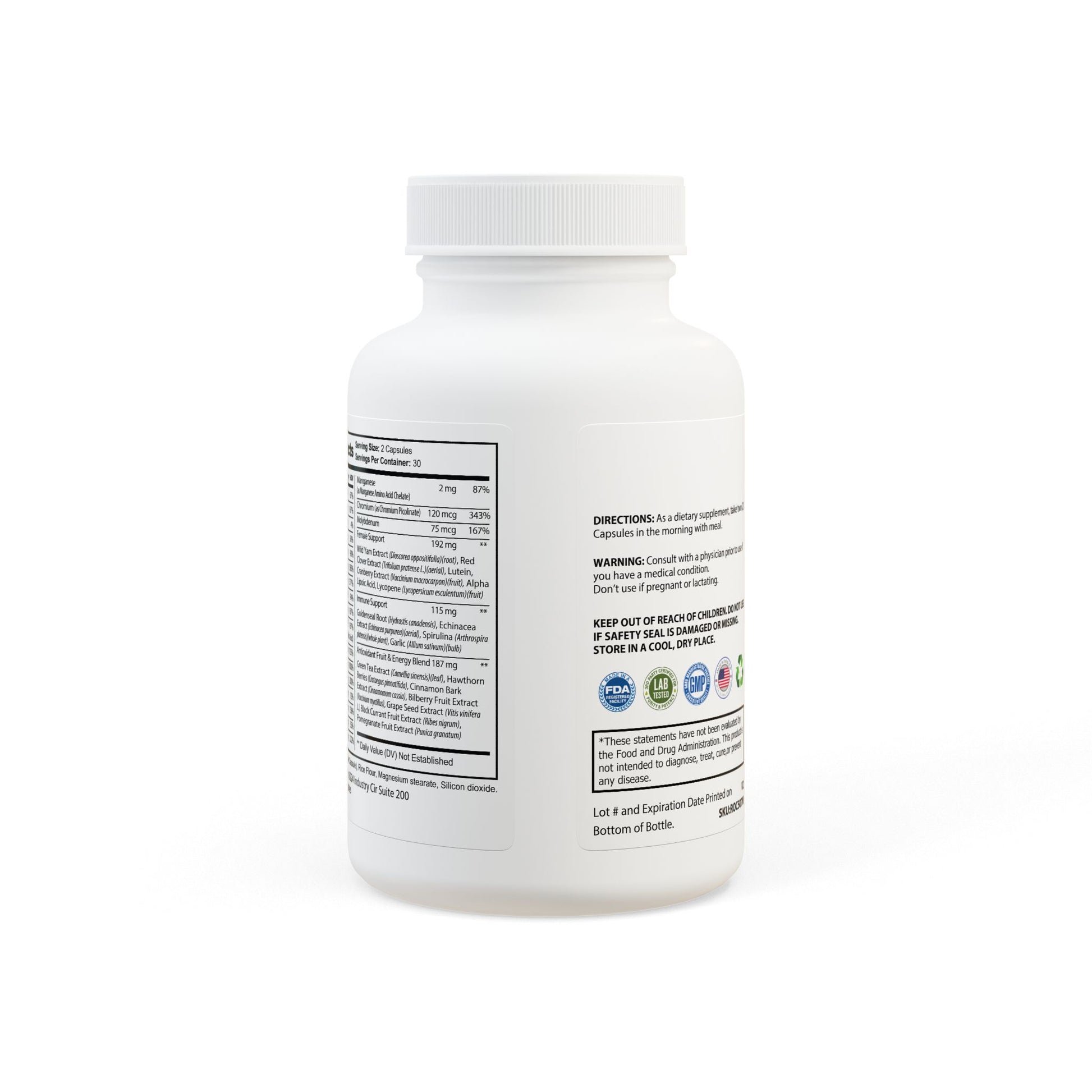 Rear-facing image of the bottle with wraparound label and regulatory details.