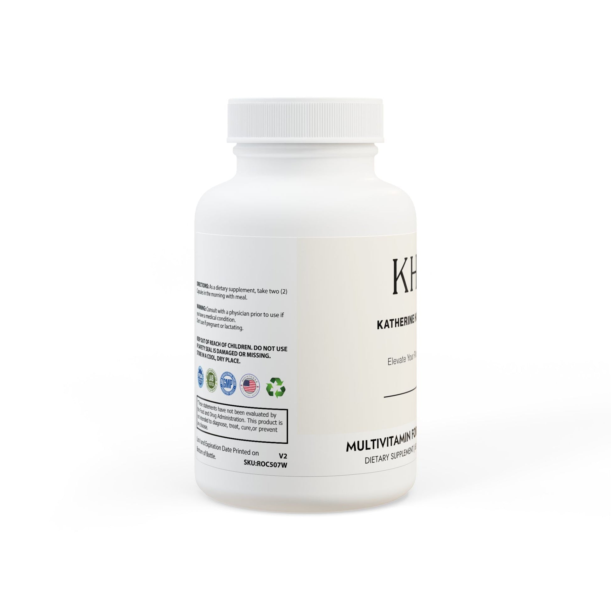 Left-facing bottle image showing icons for non-GMO, lactose-free, and third-party tested quality.