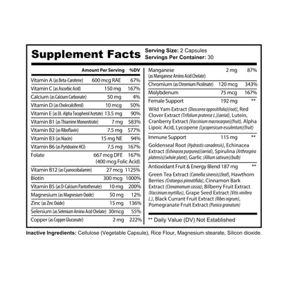 Flat image of supplement facts label showing vitamins, minerals, and botanical extracts.
