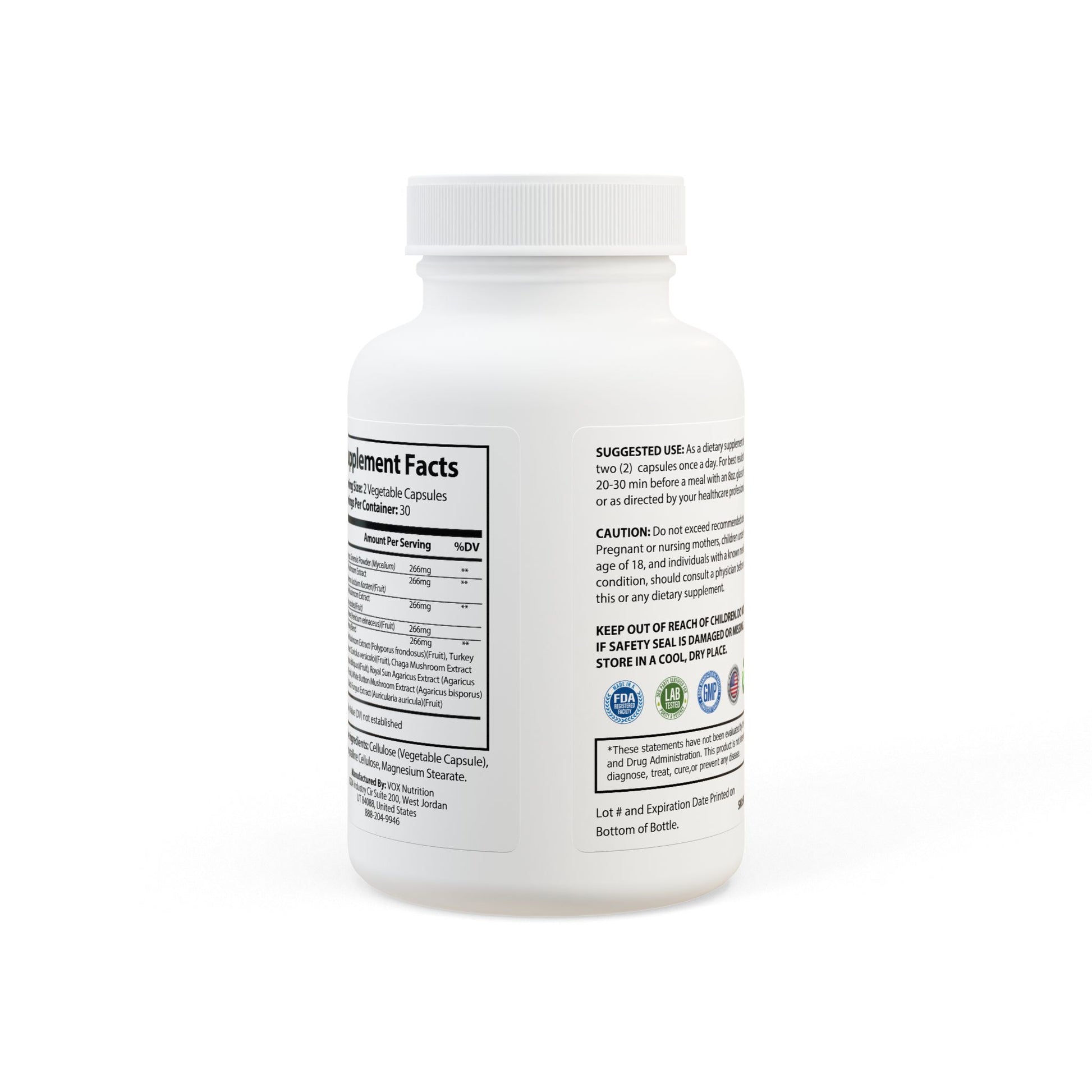 Rear view of the bottle with wraparound product label and regulatory details.