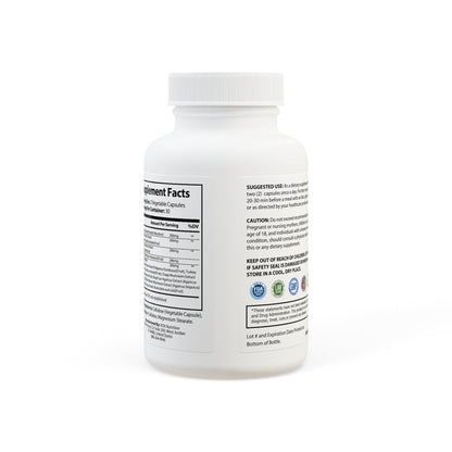 Rear view of the bottle with wraparound product label and regulatory details.