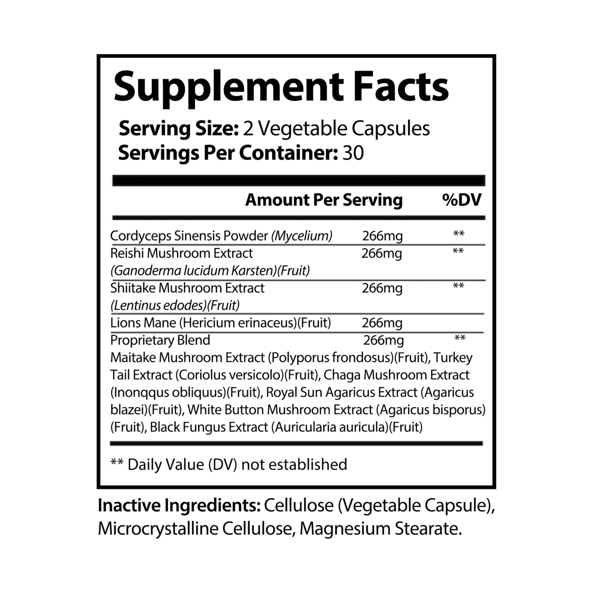 Flat image of the supplement facts label with serving size, mushroom blend details, and other nutrients.