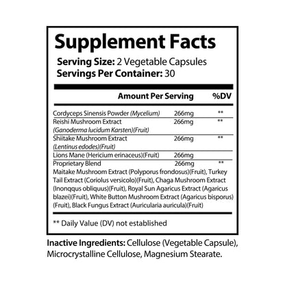 Flat image of the supplement facts label with serving size, mushroom blend details, and other nutrients.