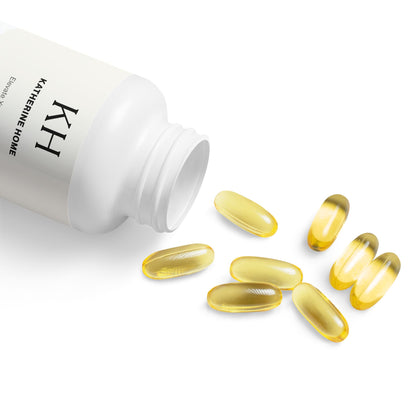 Lifestyle image showing bottle with scattered softgels.