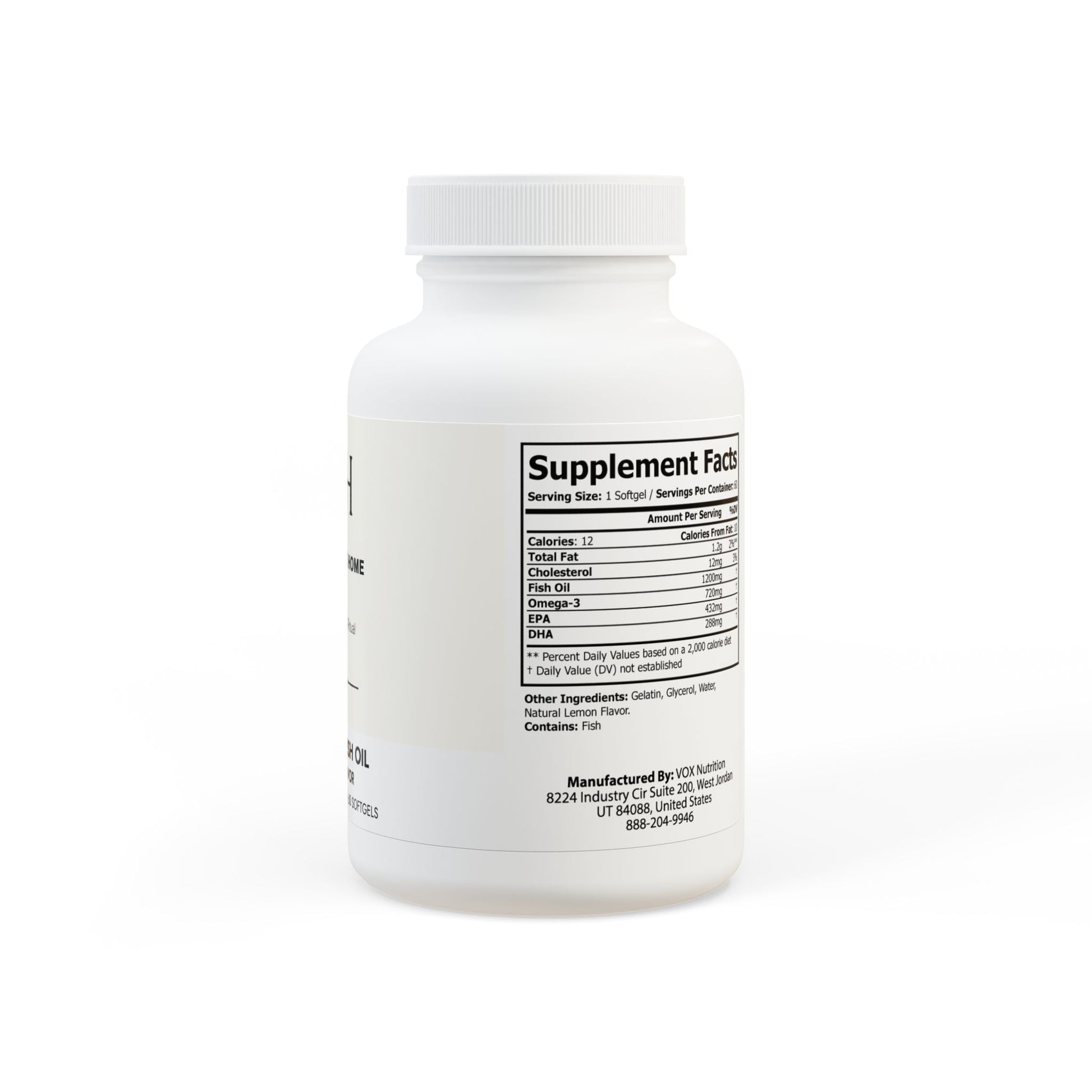 Detailed supplement facts with fish oil, EPA, and DHA content.