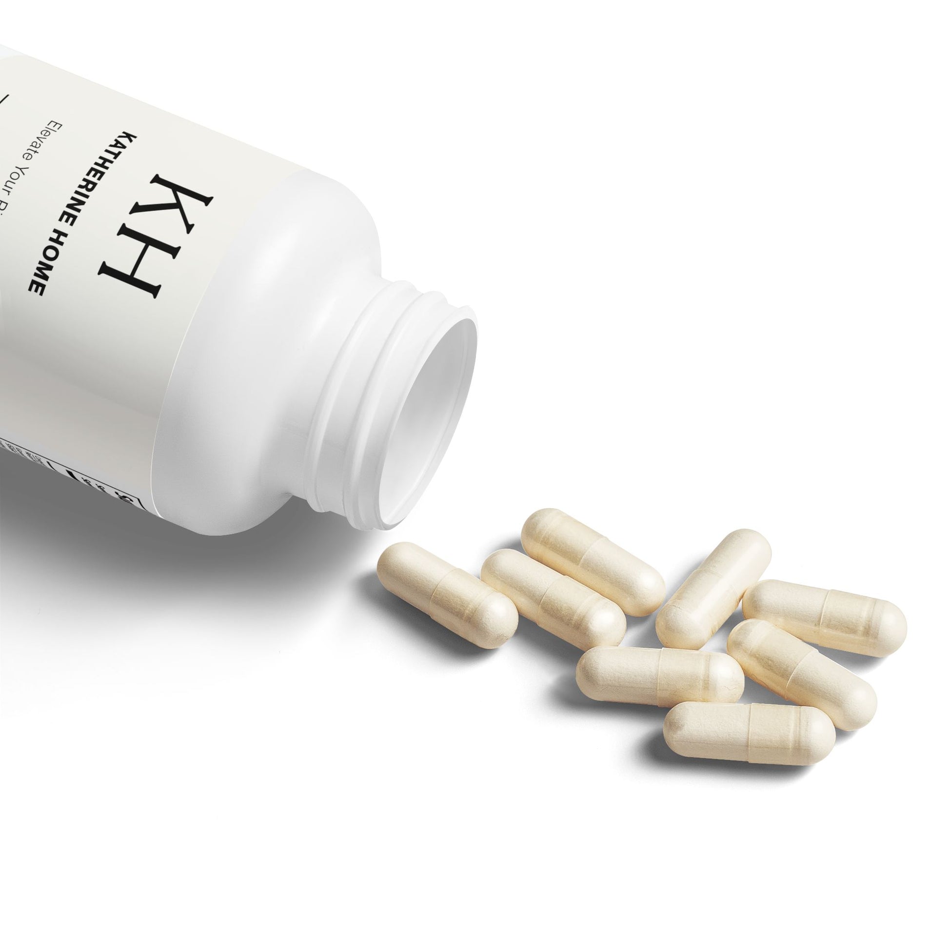 KH bottle tipped on its side with vegetable capsules spilling onto a clean surface.