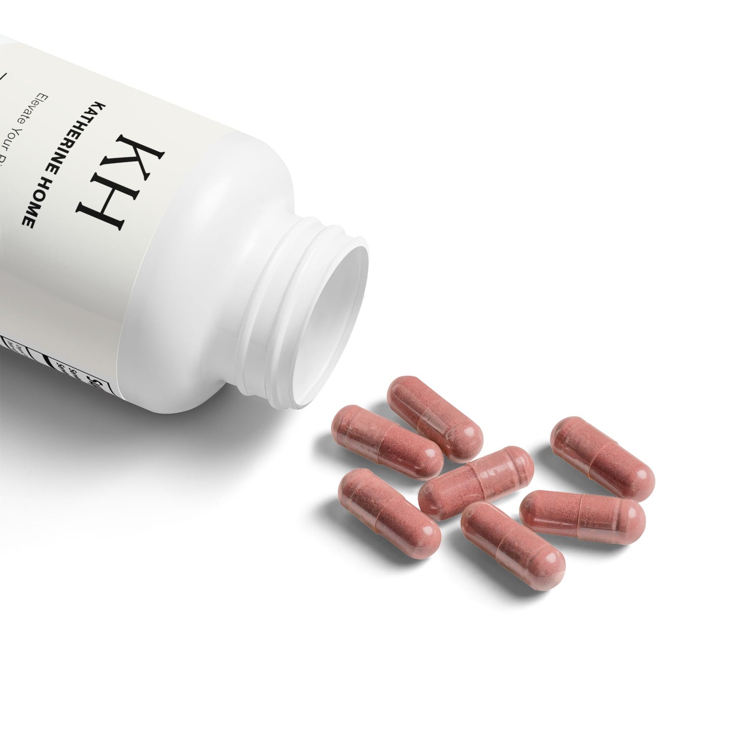 KH bottle tipped on its side with vegetable capsules spilling onto a clean background.
