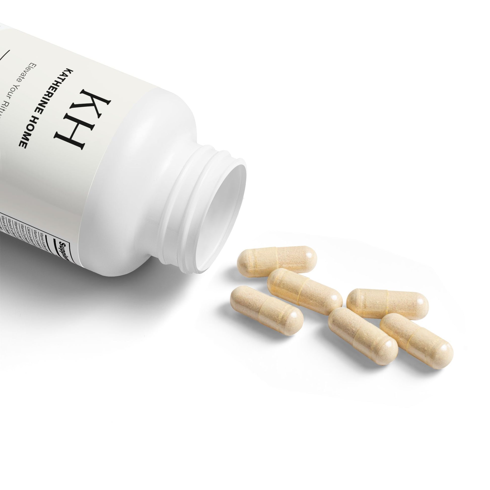 KH bottle tipped on its side with vegetable capsules spilling onto a clean surface.