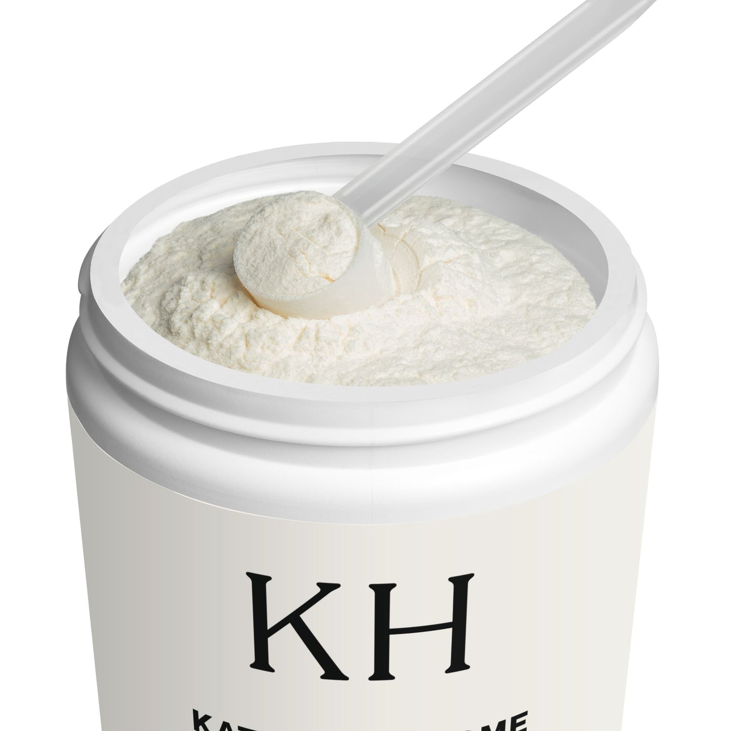 Lifestyle shot showing the KH jar open with a scoop resting in the unflavored collagen powder.