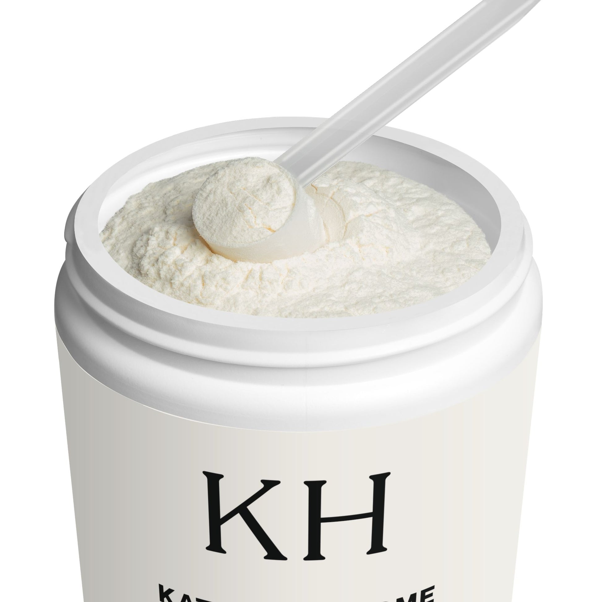 Lifestyle shot showing the KH jar open with a scoop resting in the unflavored collagen powder.