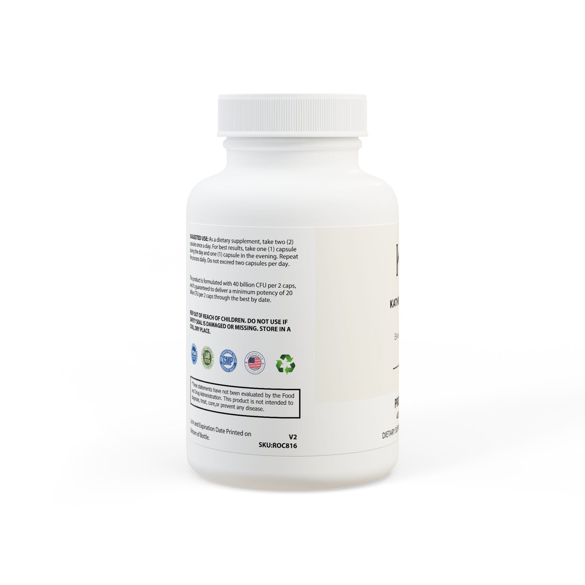Side panel highlighting non-GMO, corn-free, lactose-free, and third-party tested status.