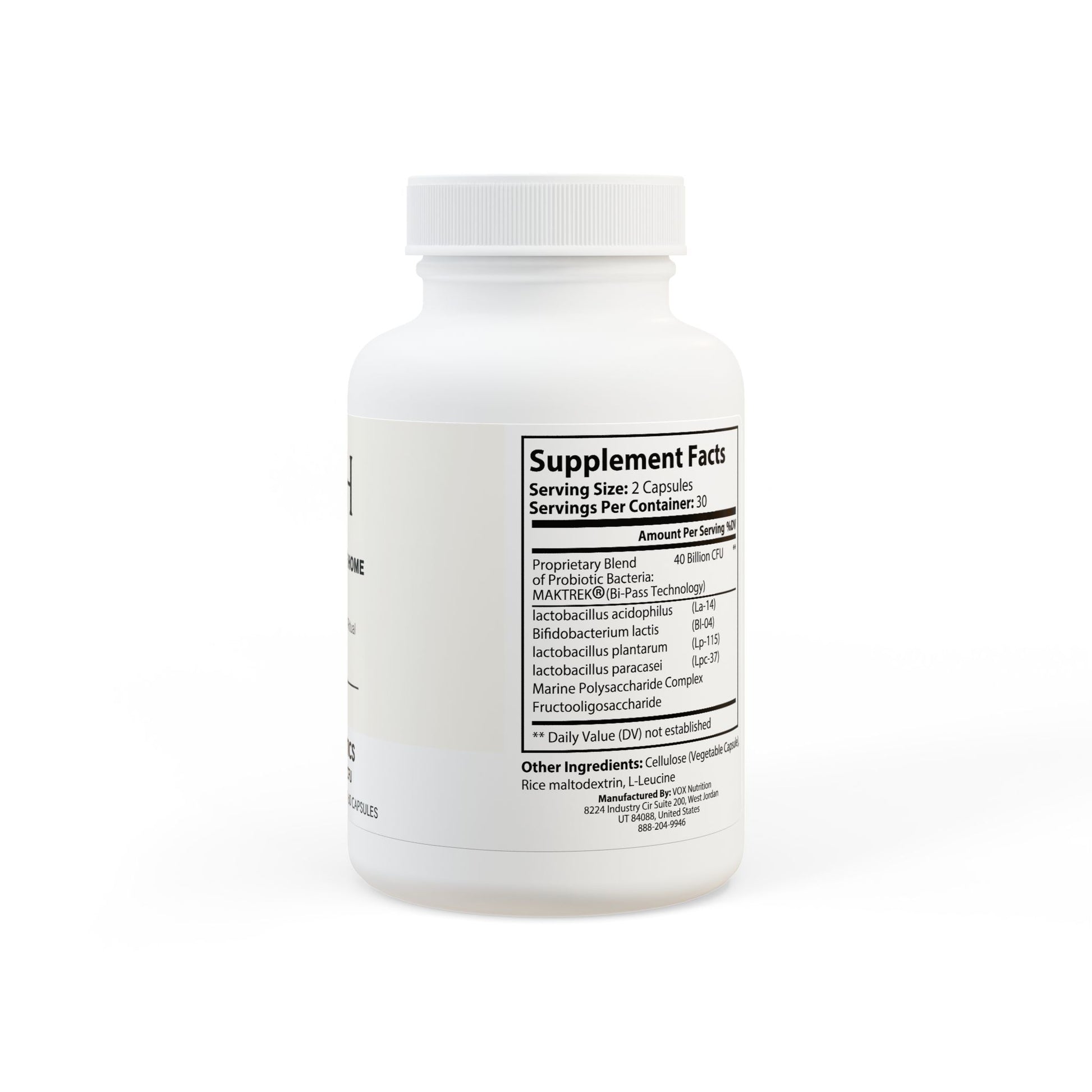 Detailed supplement facts with probiotic blend breakdown and CFU count.