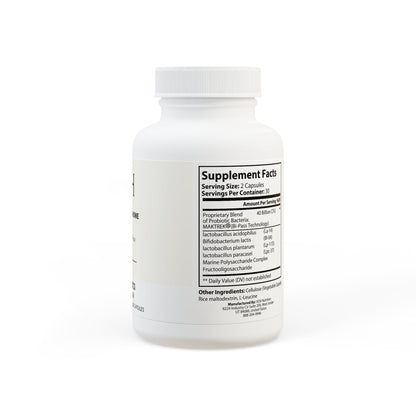 Detailed supplement facts with probiotic blend breakdown and CFU count.