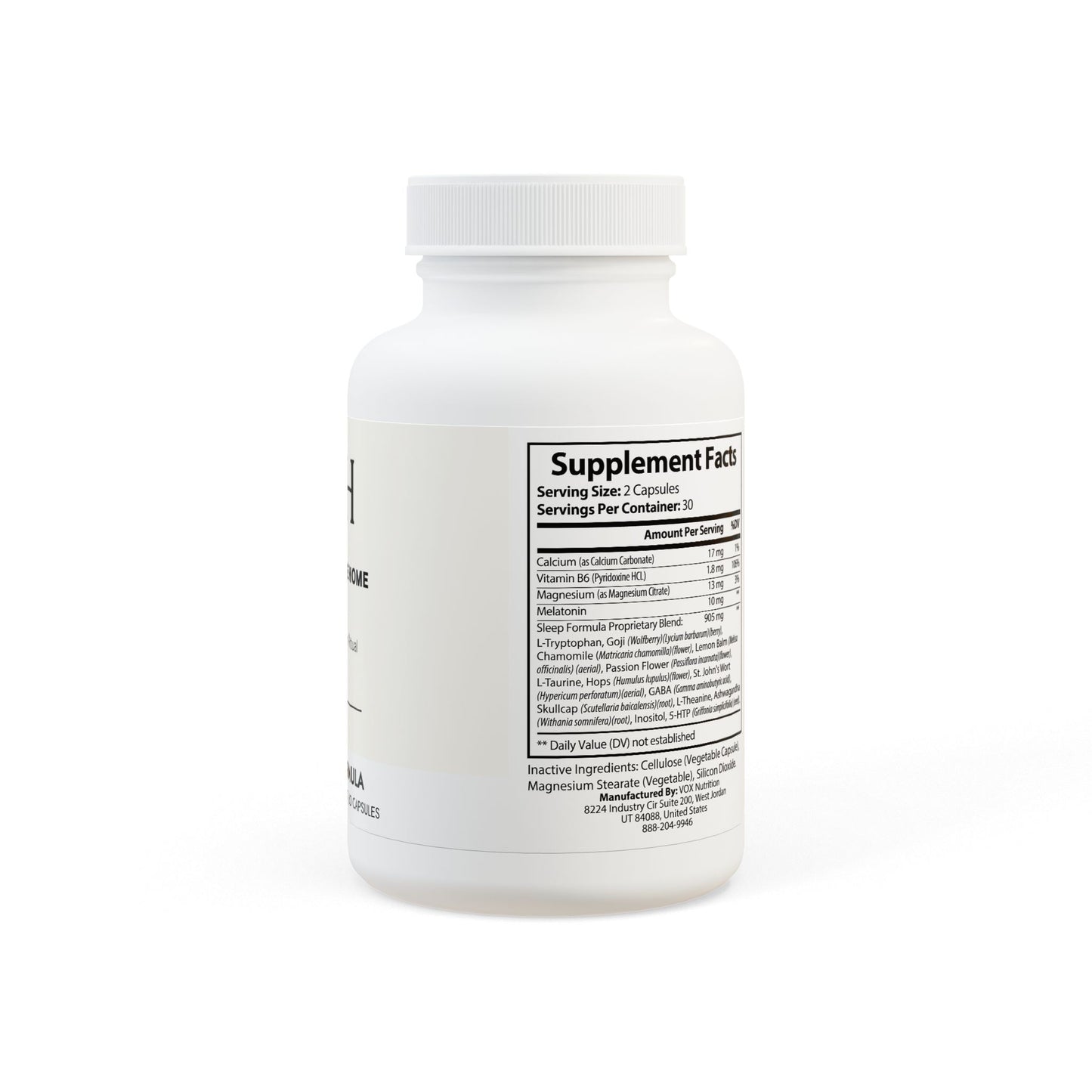 Detailed panel showing melatonin, botanicals, amino acids, and mineral content per serving.
