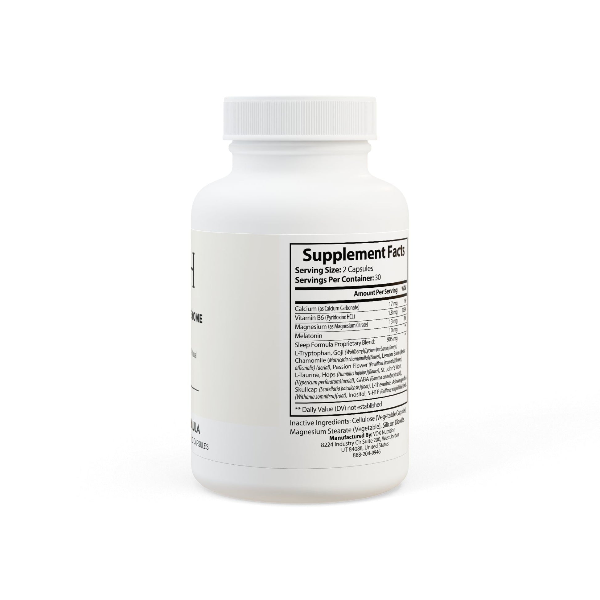 Detailed panel showing melatonin, botanicals, amino acids, and mineral content per serving.