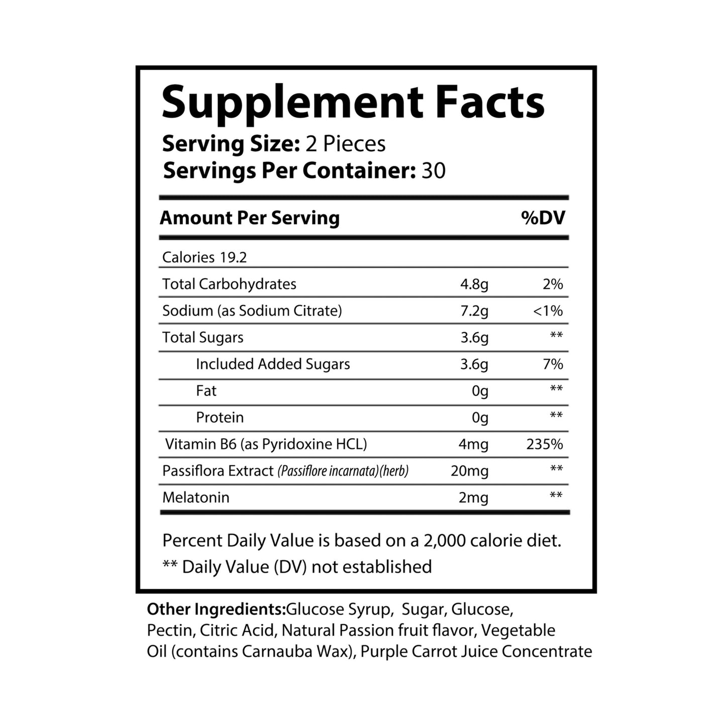  Flat lay image of the full supplement facts label with dosage, vitamin content, and active ingredient amounts.