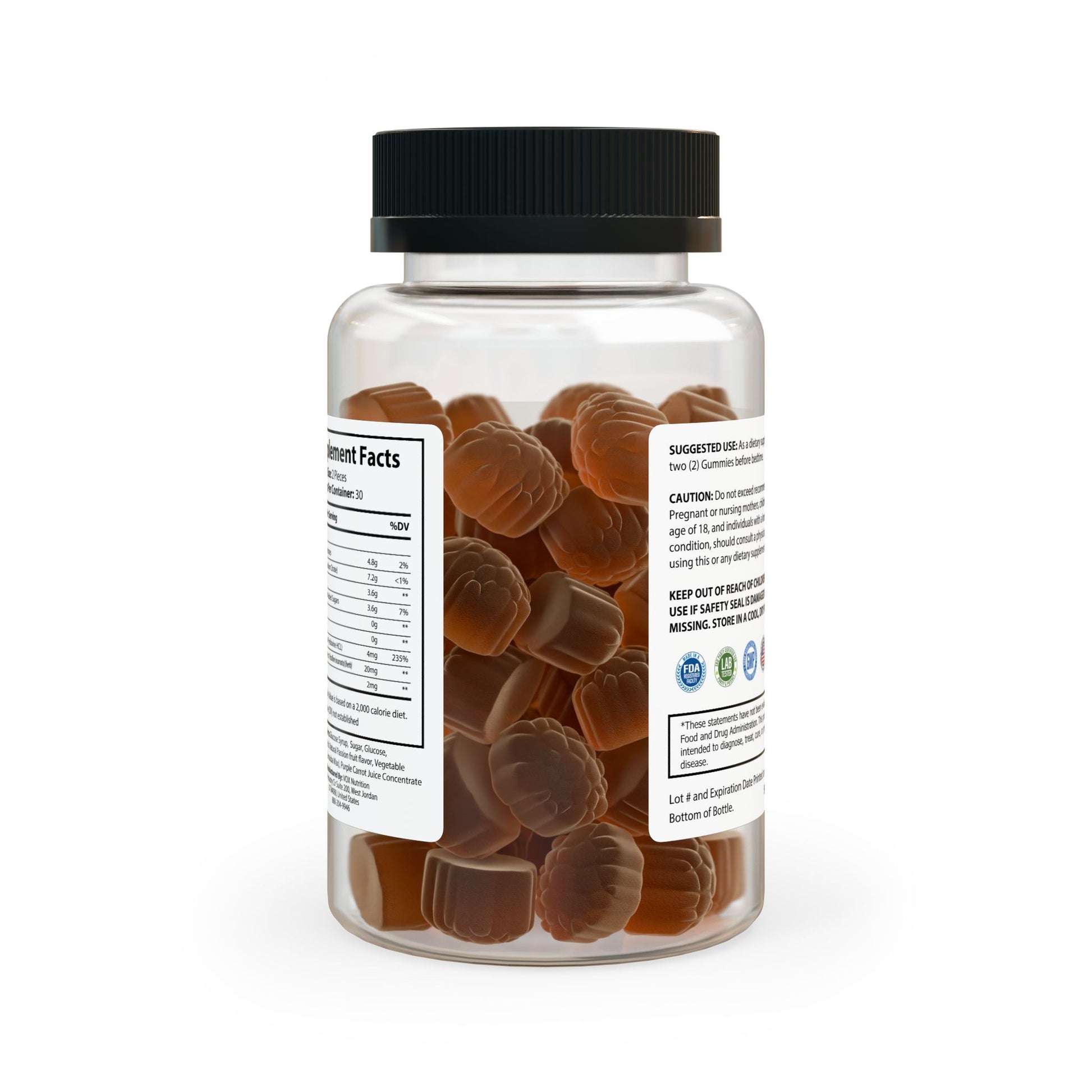 Back view of the Sleep Well Gummies bottle showing product information wrap and gummies visible inside.