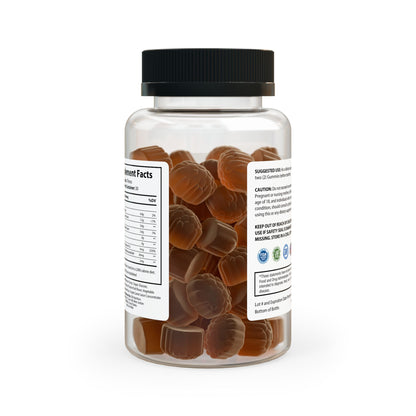 Back view of the Sleep Well Gummies bottle showing product information wrap and gummies visible inside.