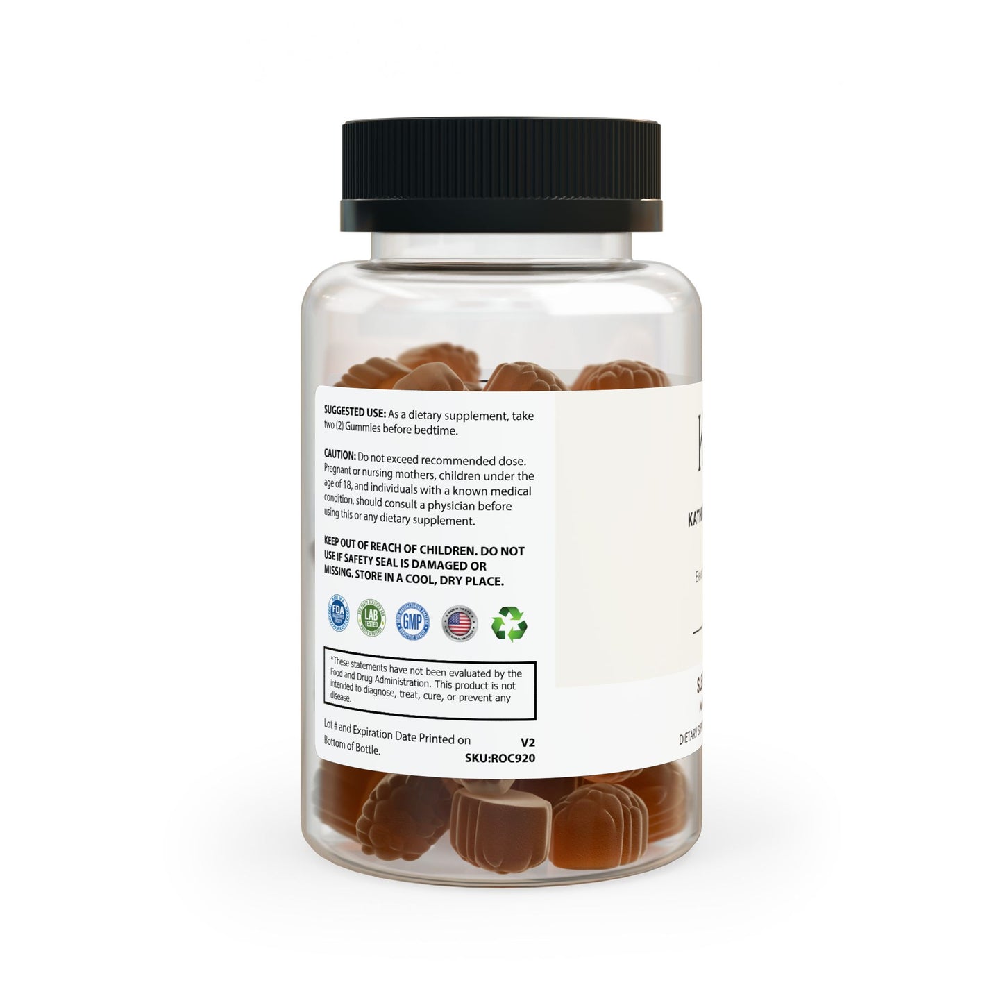 Side view of the bottle displaying icons for non-GMO, third-party testing, recyclable packaging, and manufacturing certifications.