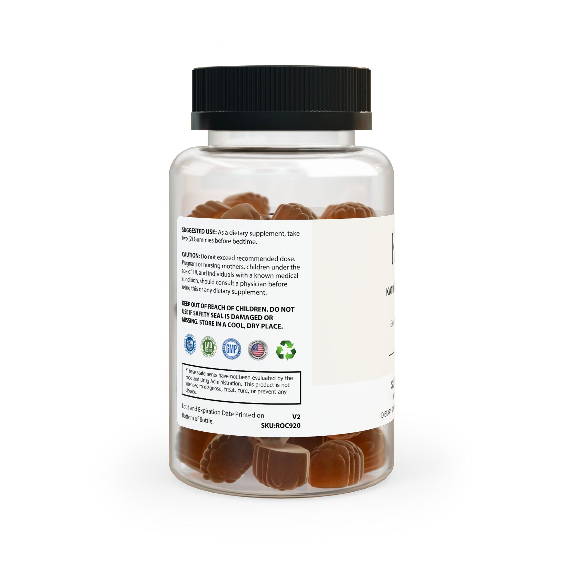 Side view of the bottle displaying icons for non-GMO, third-party testing, recyclable packaging, and manufacturing certifications.