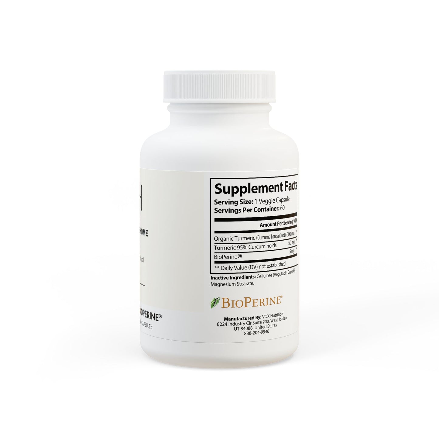 Detailed panel showing Turmeric, Curcuminoid, and BioPerine® content per serving.