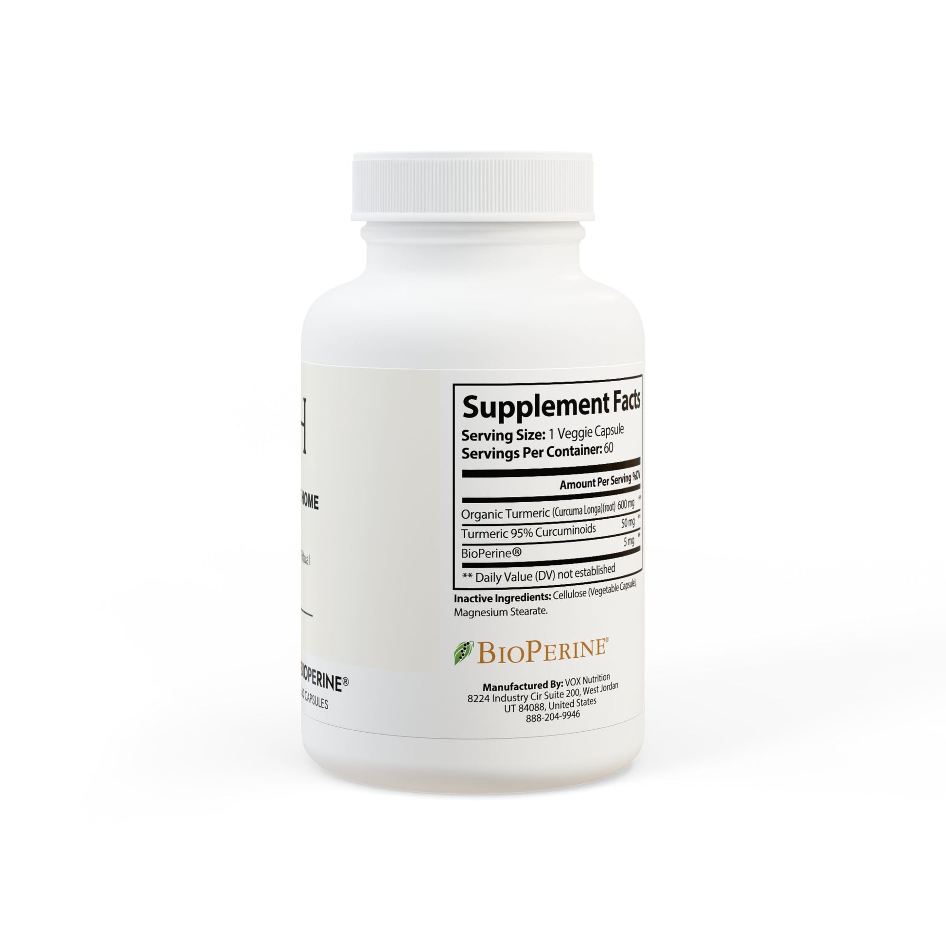 Detailed panel showing Turmeric, Curcuminoid, and BioPerine® content per serving.