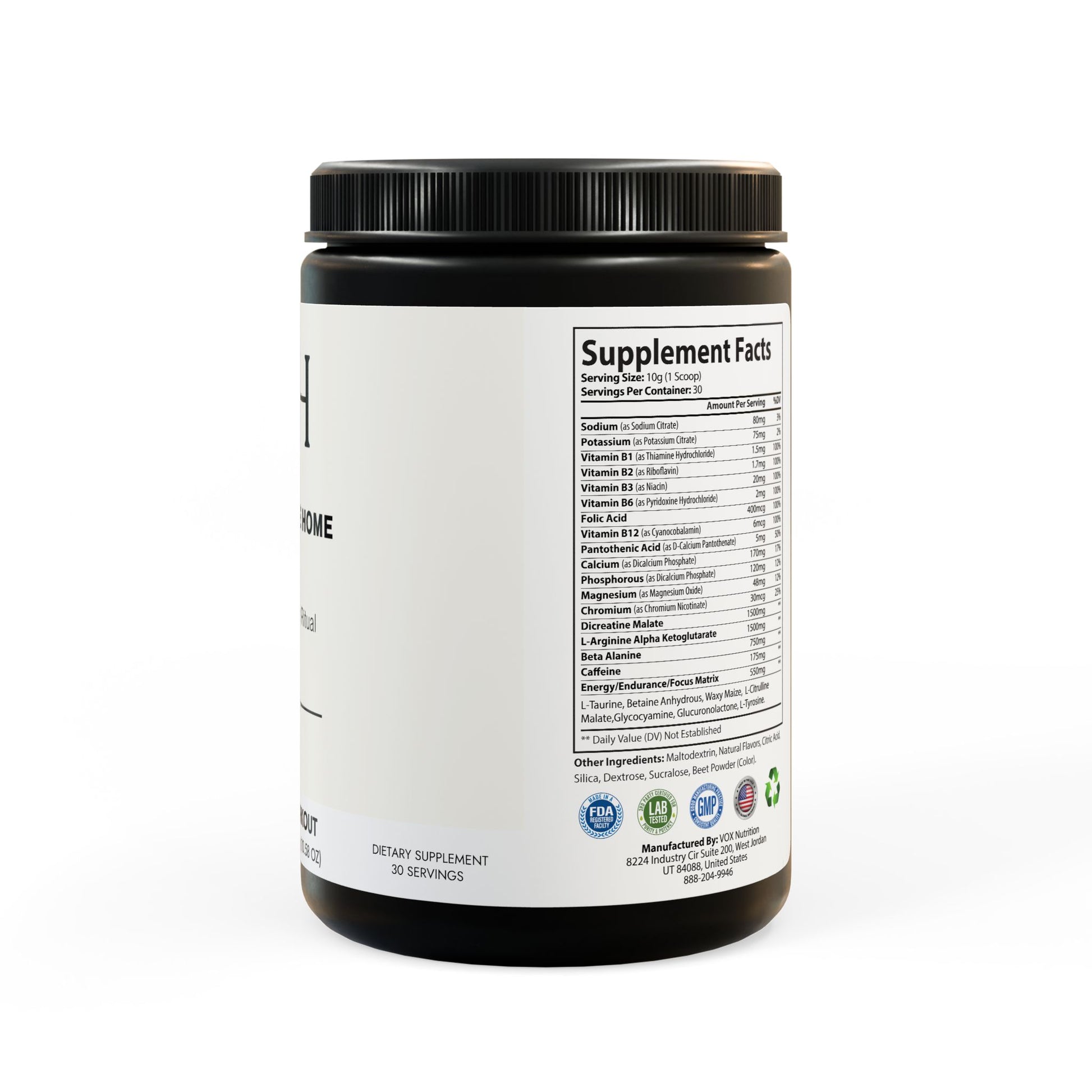 Label panel listing detailed ingredient breakdown and nutritional facts.
