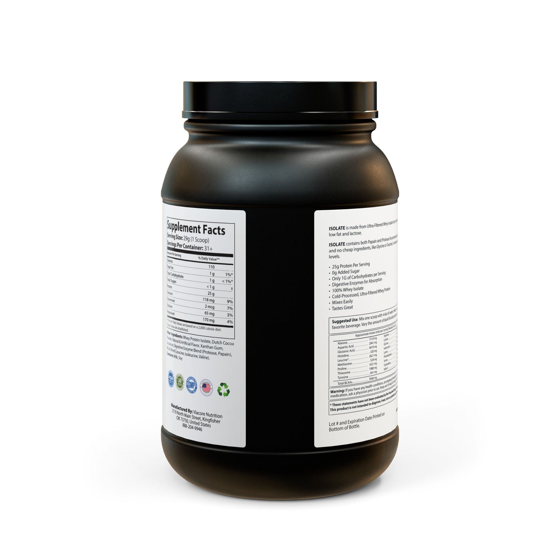 Back view of the protein tub showing regulatory and product information with a clear look at the powder contents.