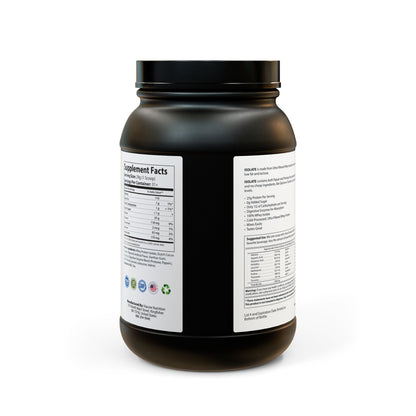 Back view of the protein tub showing regulatory and product information with a clear look at the powder contents.