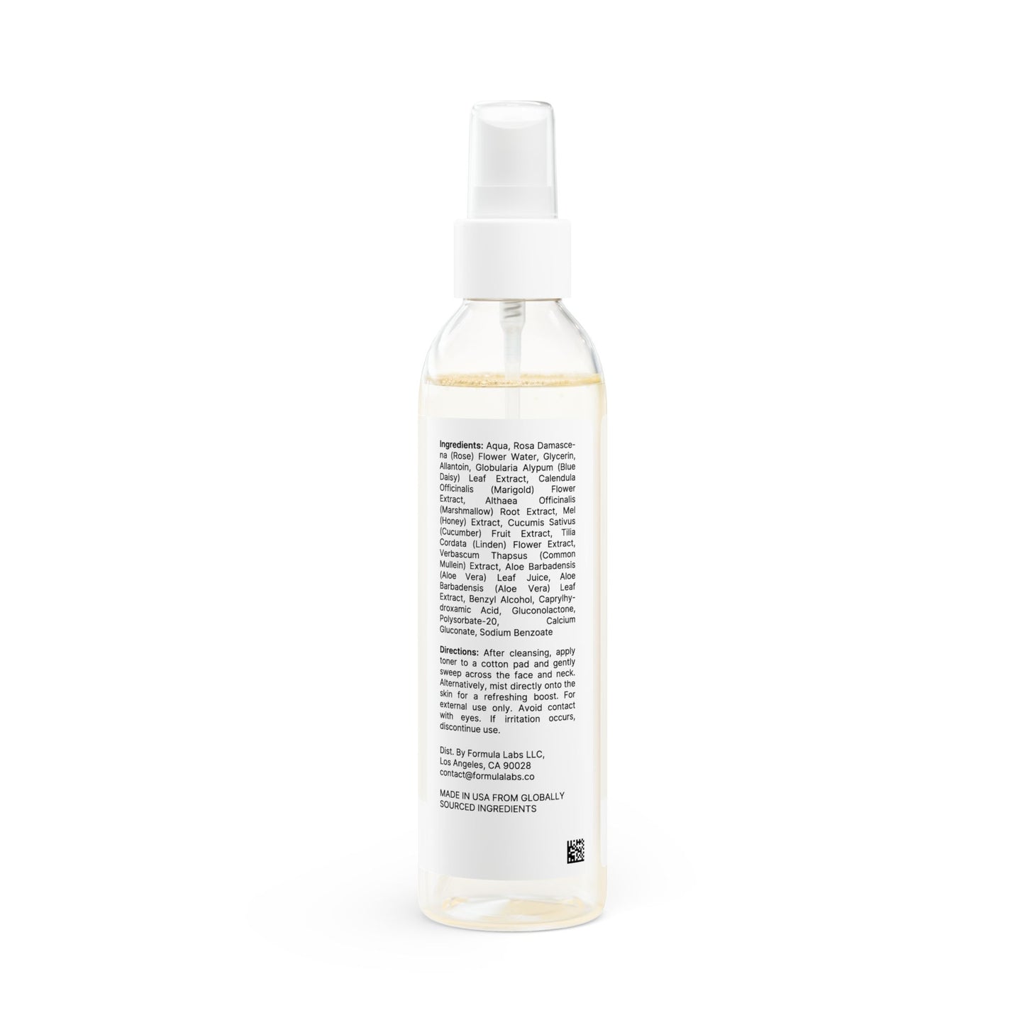 Back label of Calming Toner showing ingredients and directions