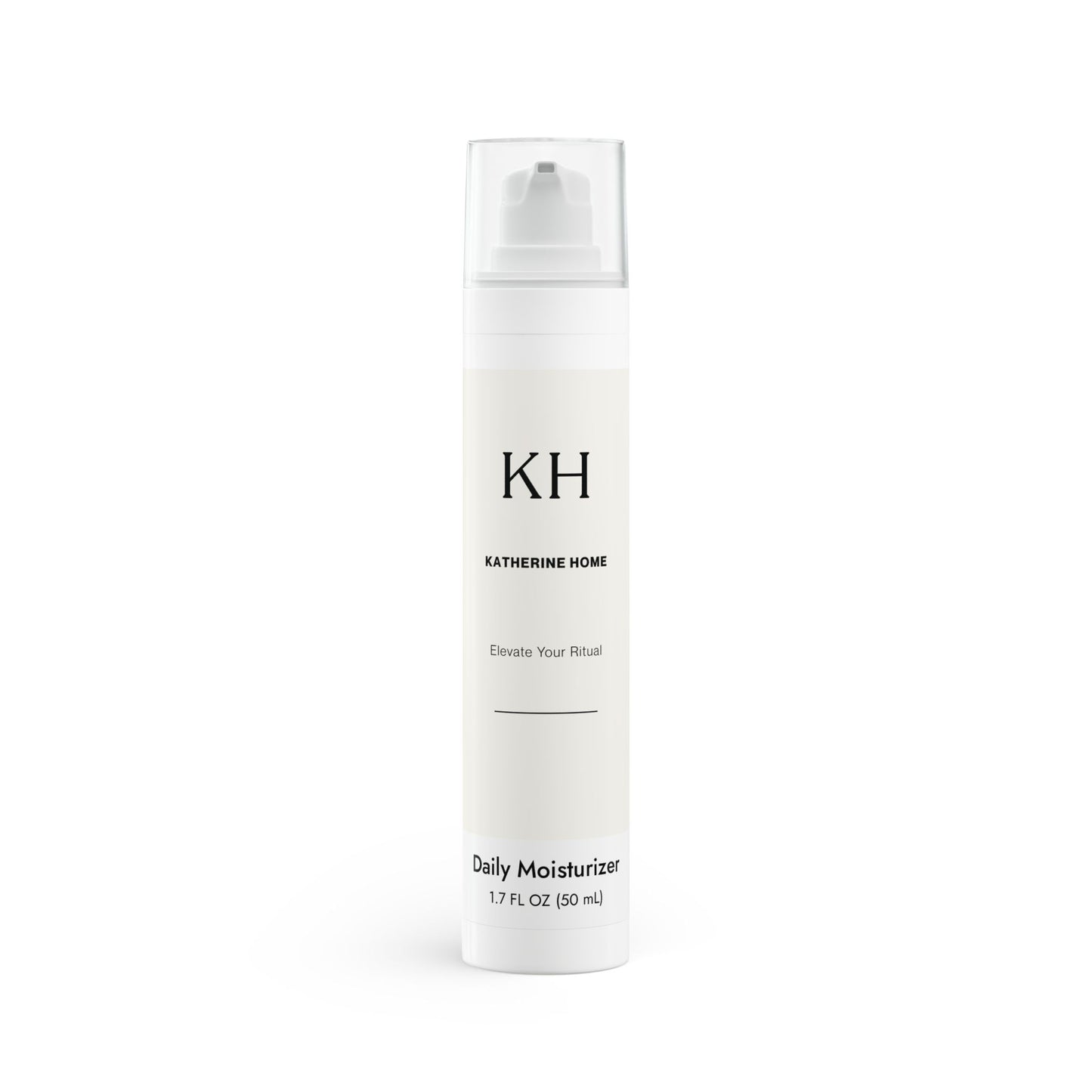 Front view of Katherine Home Daily Moisturizer in 1.7 oz white airless pump bottle