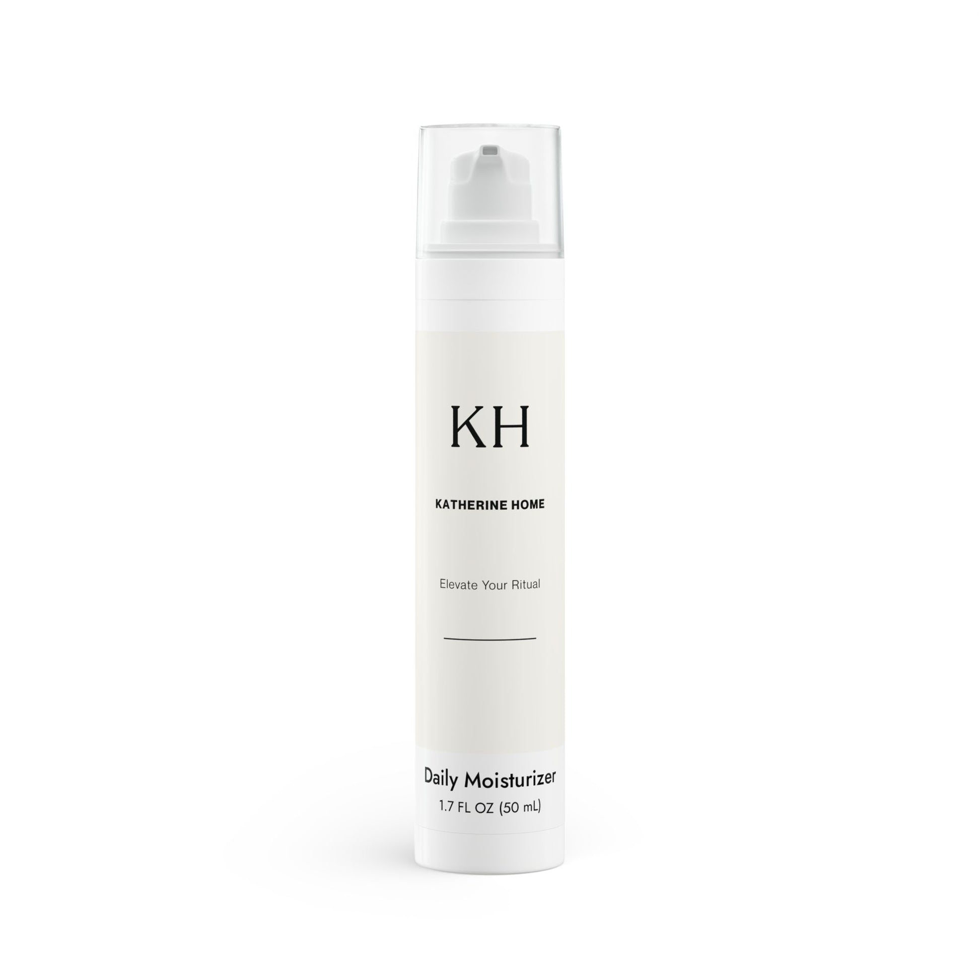 Front view of Katherine Home Daily Moisturizer in 1.7 oz white airless pump bottle