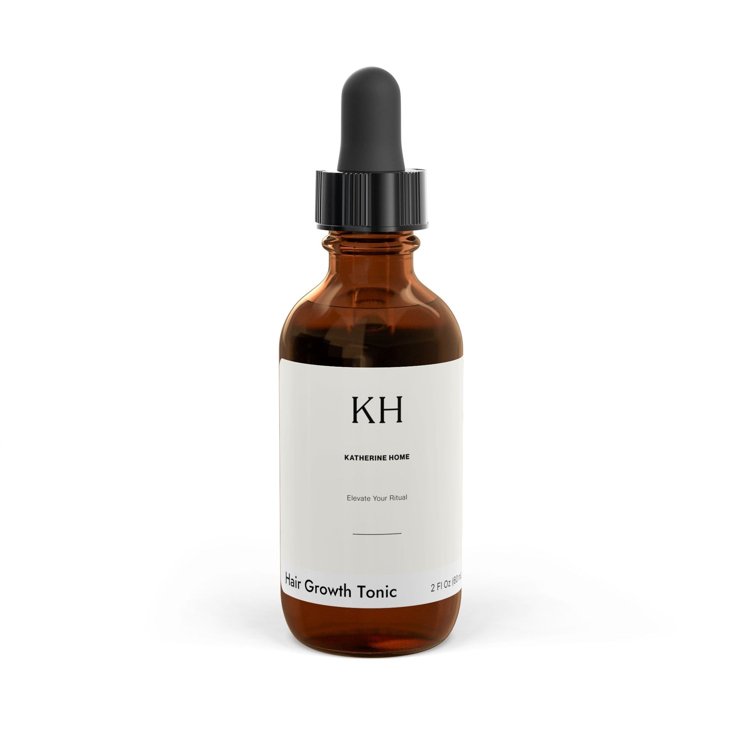 Amber glass bottle of Katherine Home Hair Growth Tonic with black dropper, front view, 2 fl oz