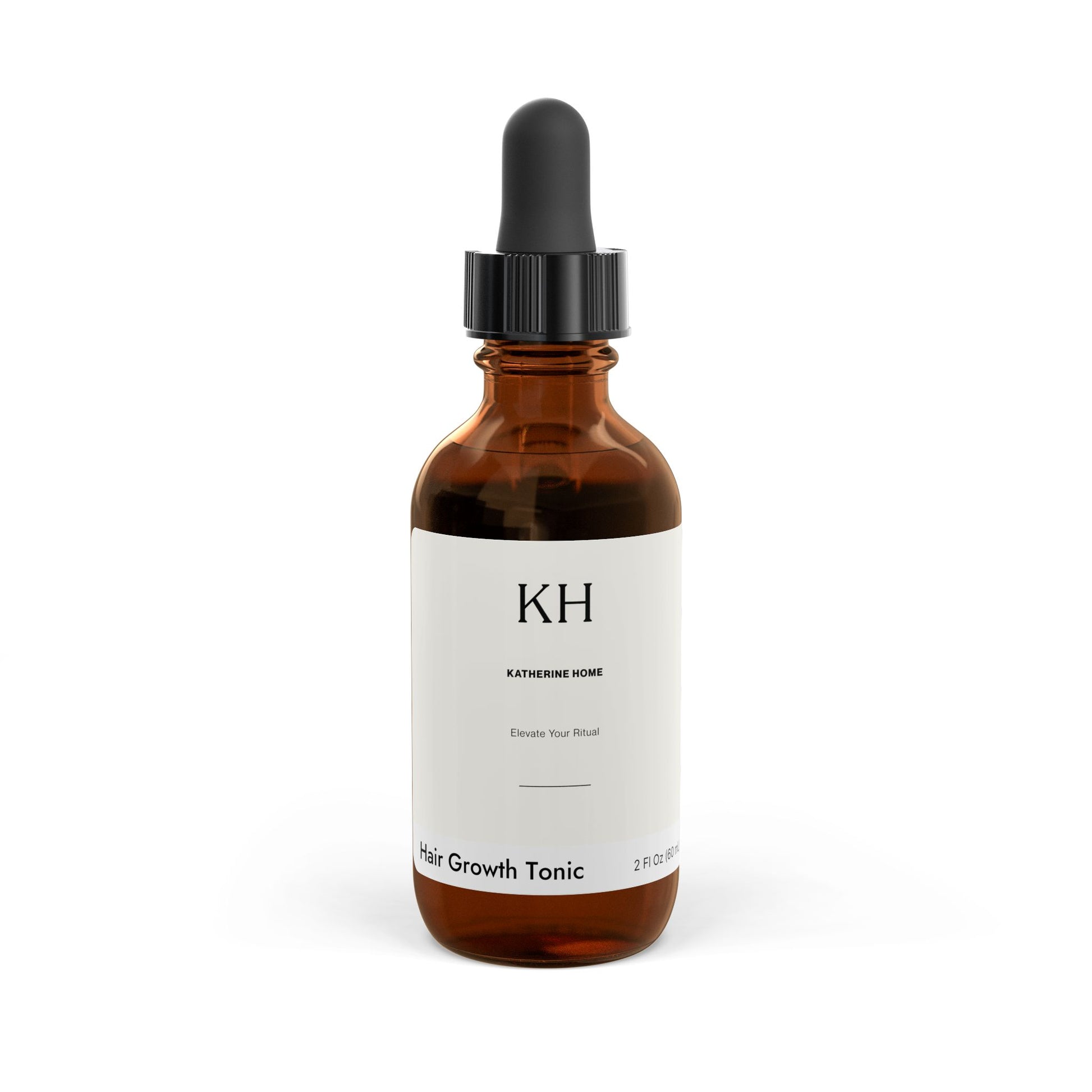 Amber glass bottle of Katherine Home Hair Growth Tonic with black dropper, front view, 2 fl oz