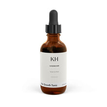 Amber glass bottle of Katherine Home Hair Growth Tonic with black dropper, front view, 2 fl oz