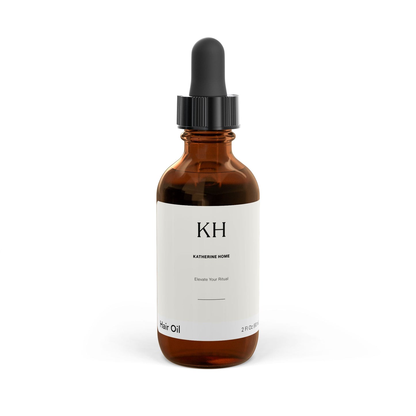 Amber glass bottle of Katherine Home Hair Oil with black dropper, front view, 2 fl oz