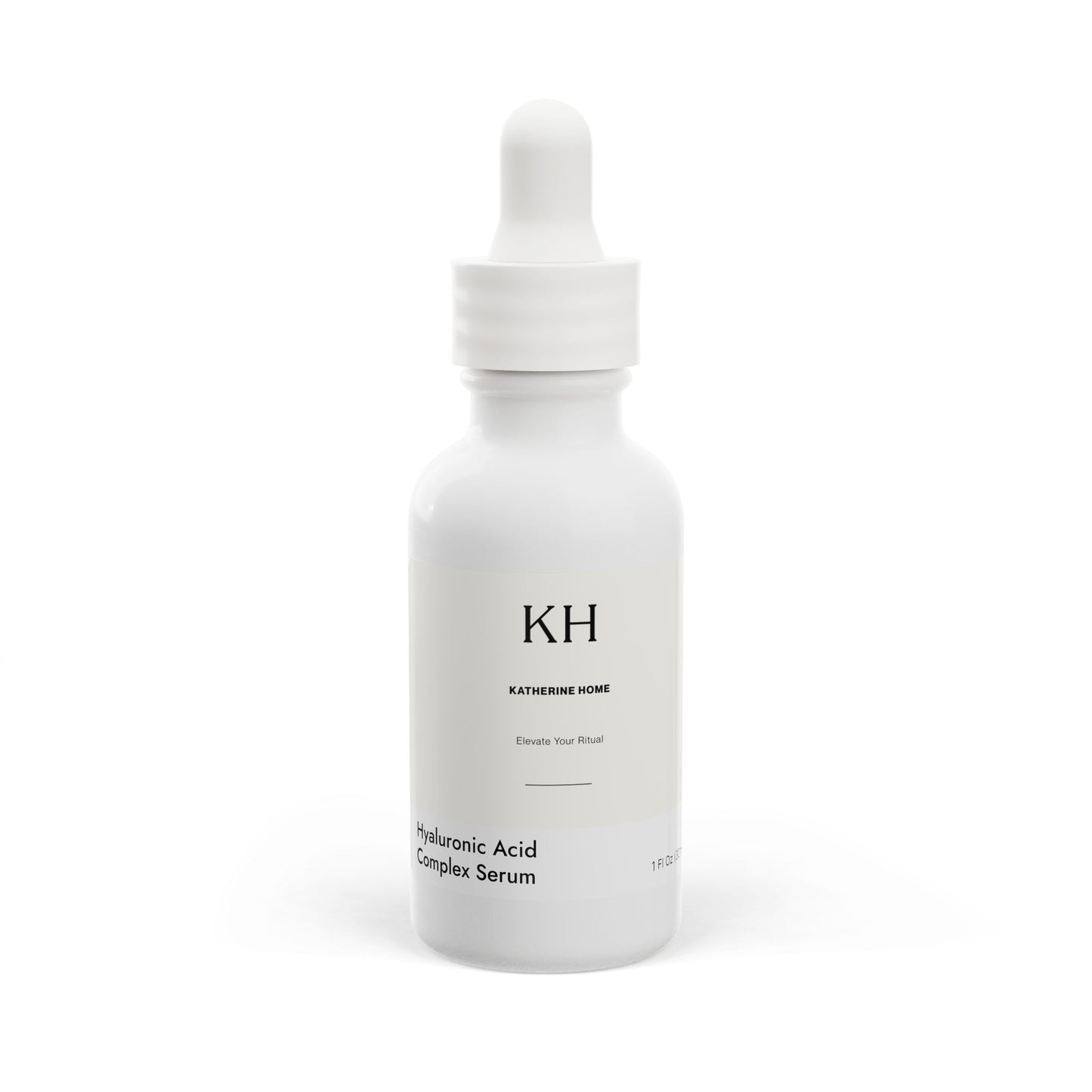 White glass bottle of Katherine Home Hyaluronic Acid Complex Serum, front view, 1 fl oz
