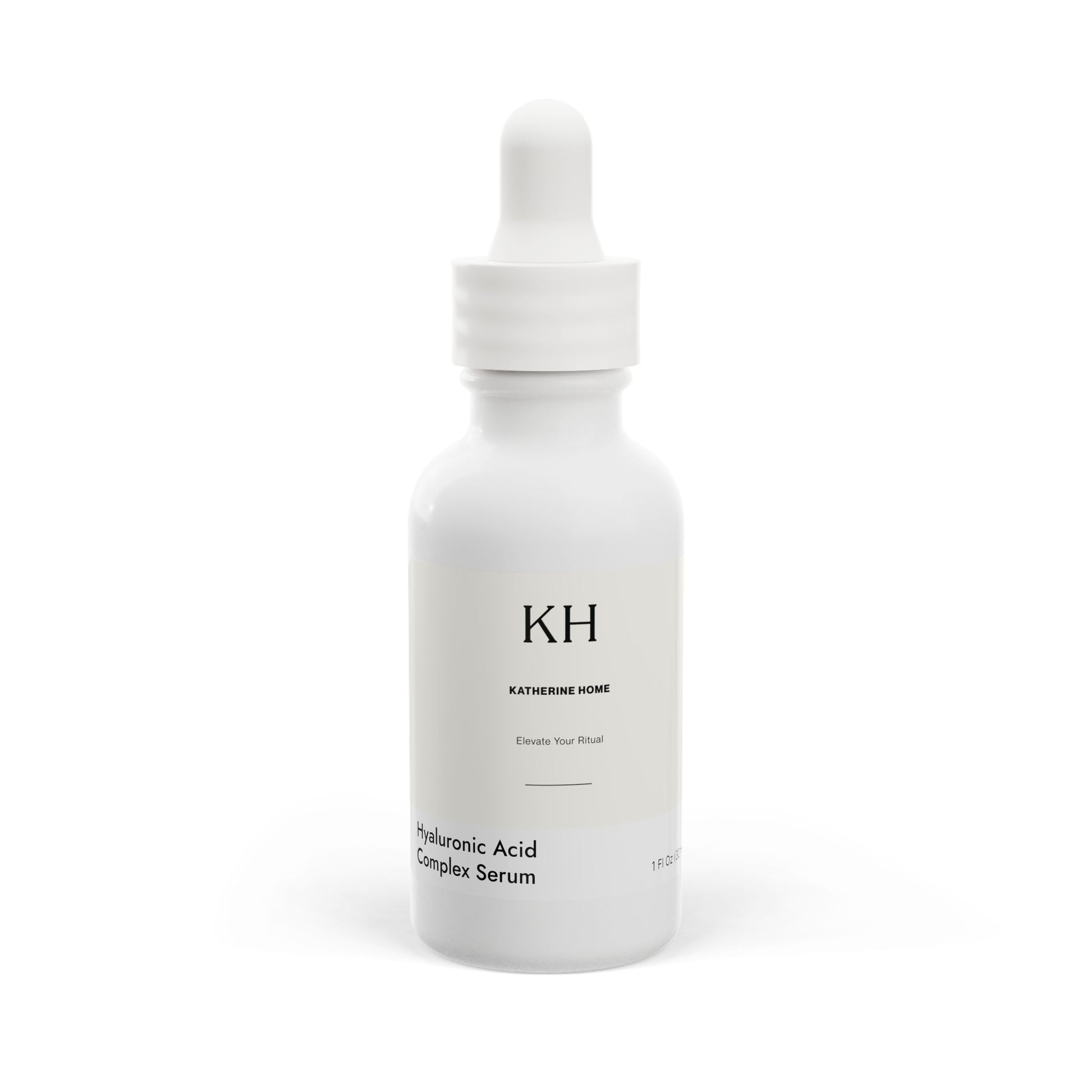 White glass bottle of Katherine Home Hyaluronic Acid Complex Serum, front view, 1 fl oz